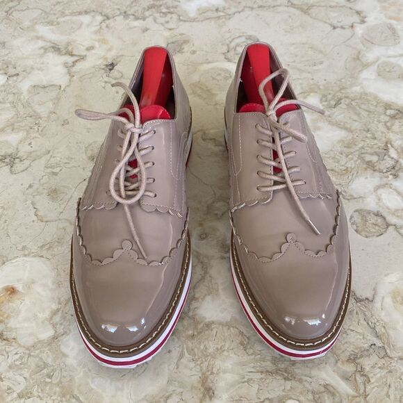 Zara Oxfords Tan Nude Patent Leather Red Heart Tongue Platform Wingtip Shoes - Picture 5 of 14